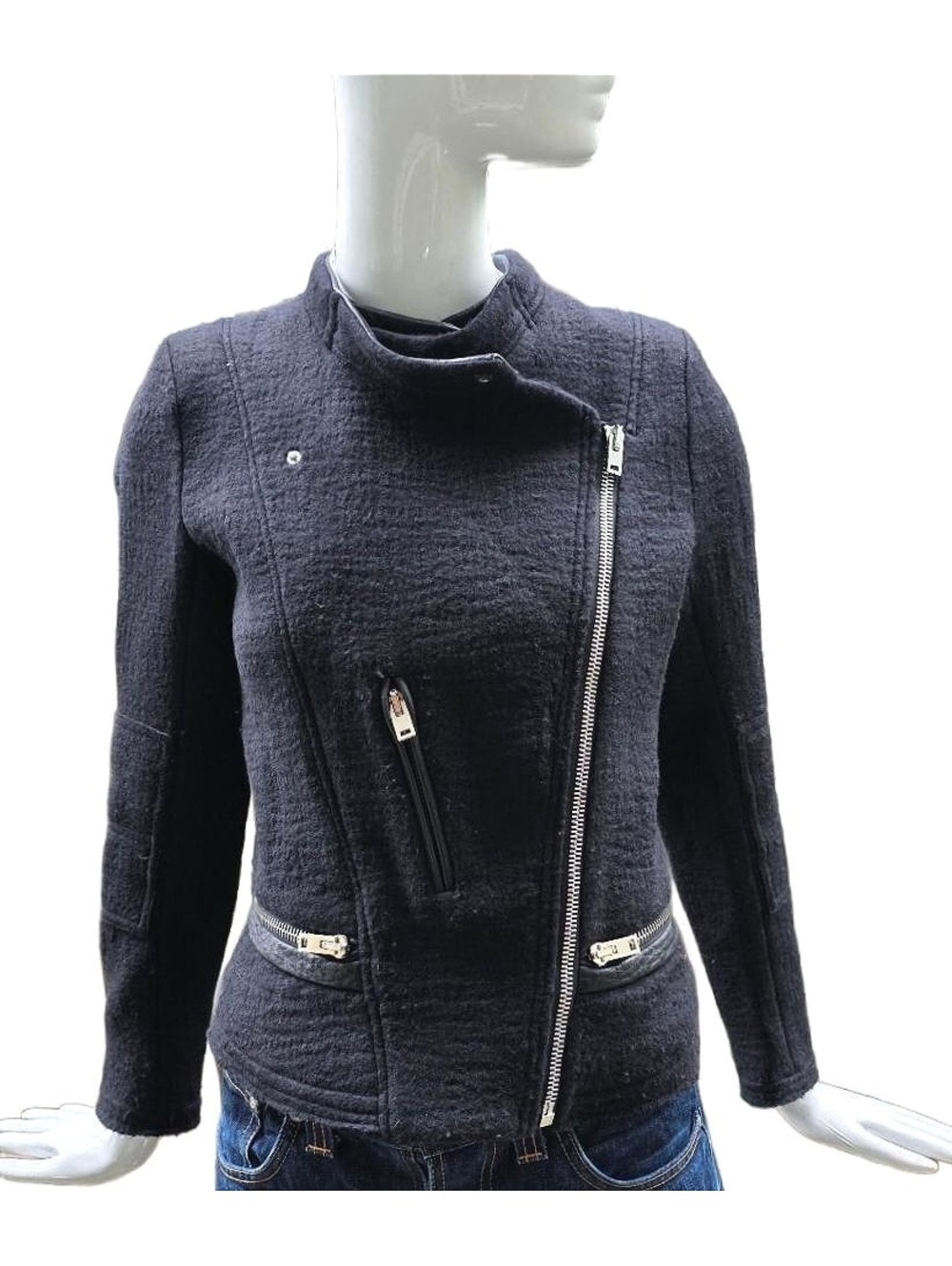 IRO Paris Clifden 100% Wool Moto Biker Jacket Leather Trim Ribbed Sleeve 38